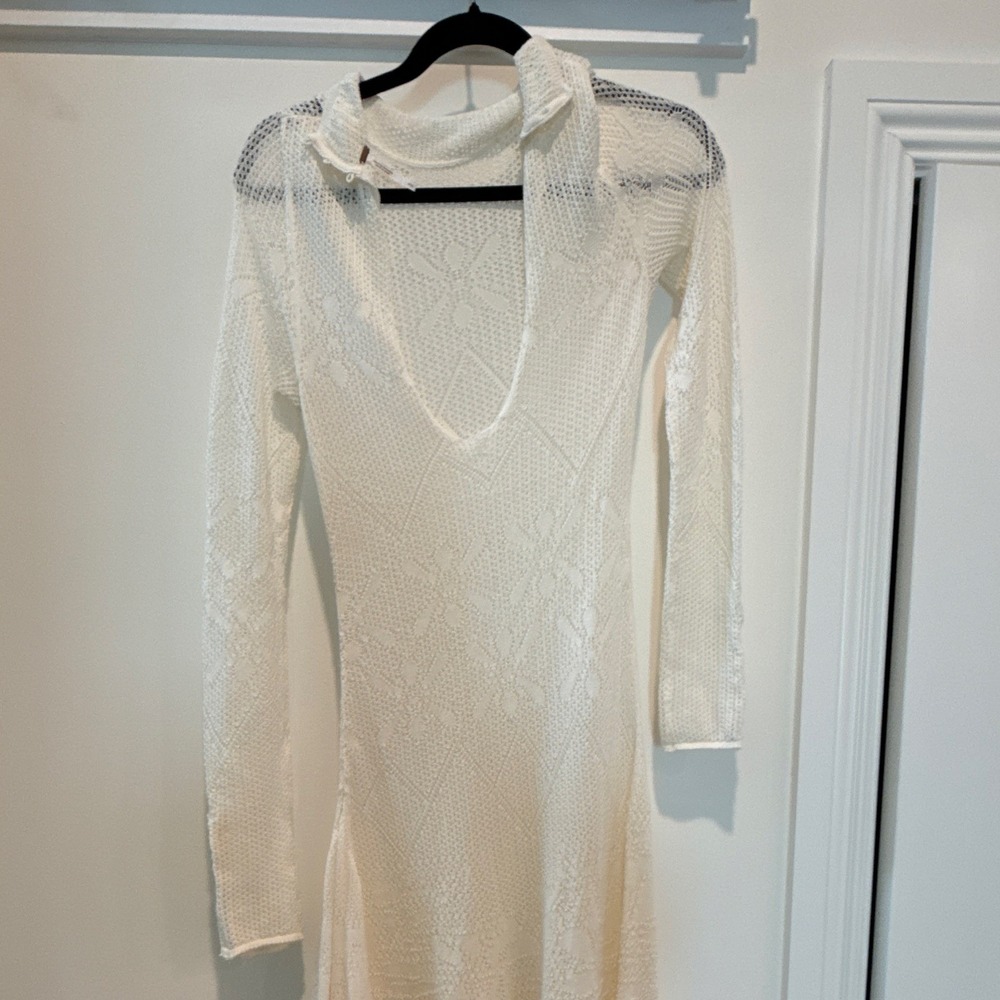 Free People Women's S White Floral‎ Knit V-Neck Long Dress Stretch Pullover